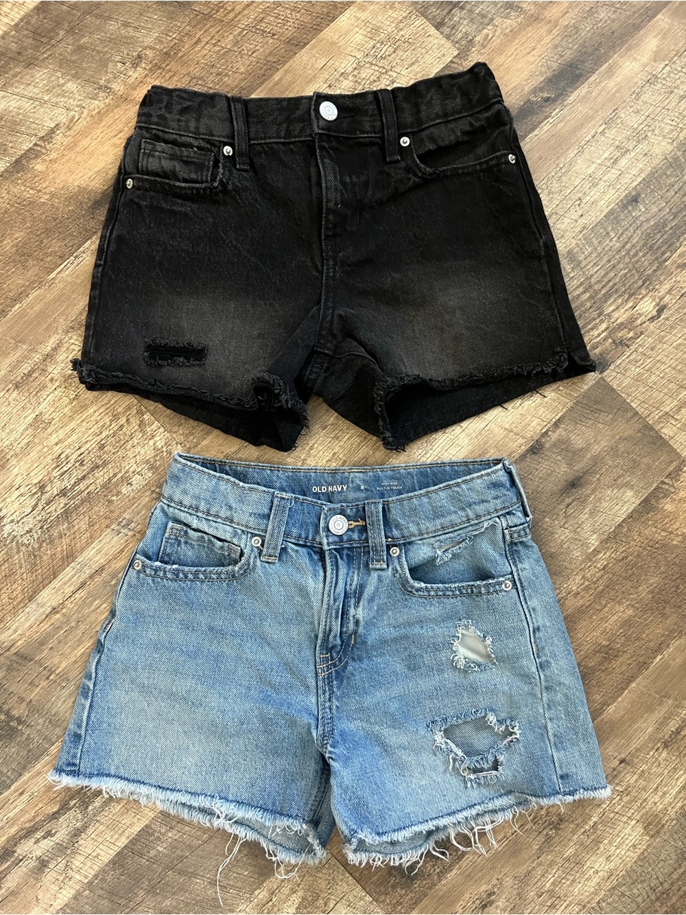Old Navy Kid’s Black & Light Blue Denim Cutoff Shorts - Frayed Hem Duo